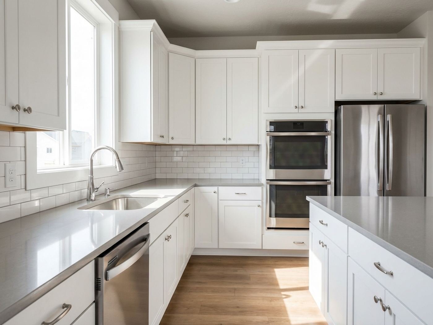 Illustrative light-filled kitchen with clean countertops